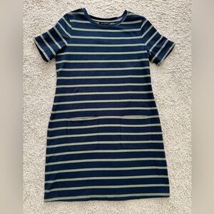Navy and sage green striped Banana Republic dress with two front pockets.